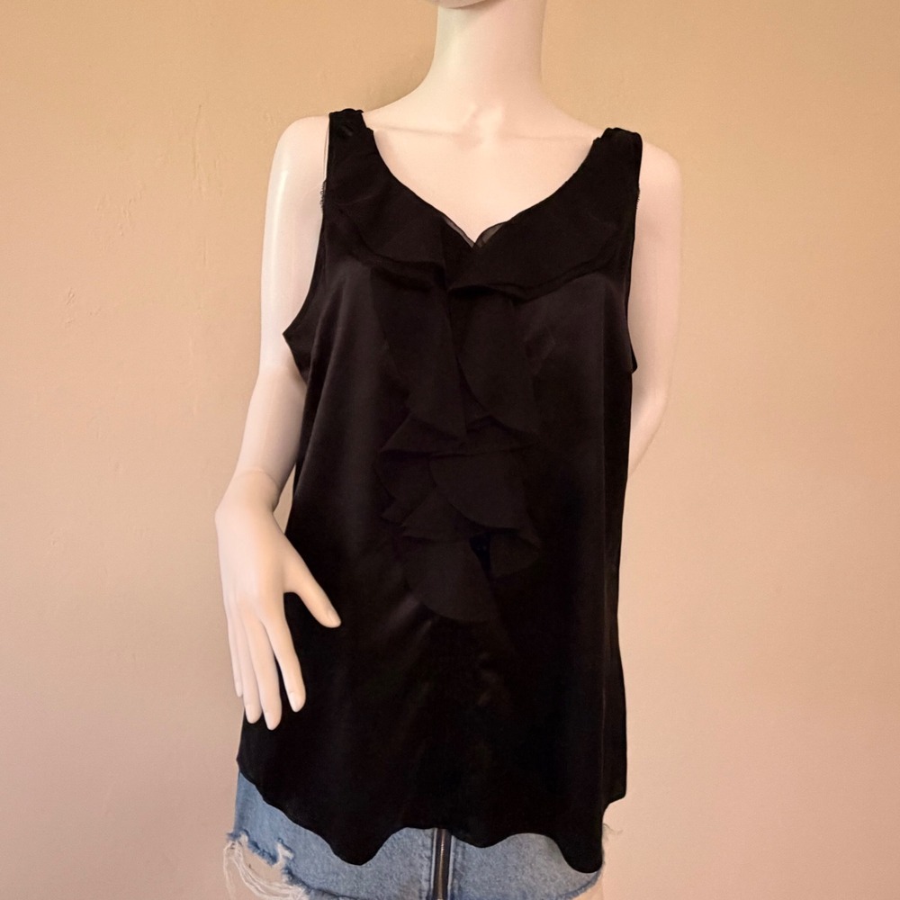 NWT‎ White House Black Market Women's Black Silk Ruffle Tank Top Size XL